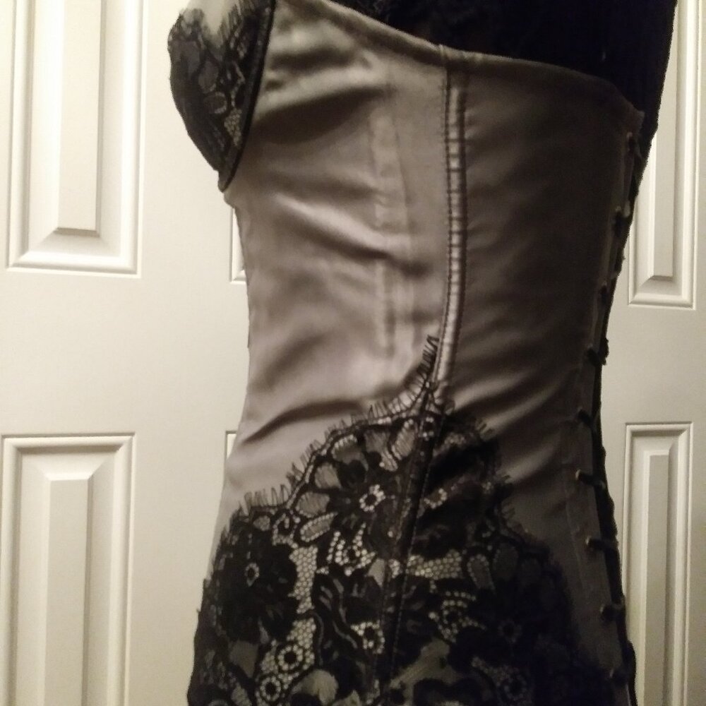 Stunning Silver Corset with Black Eyelash Lace Embellishments Overbust - Picture 6 of 14